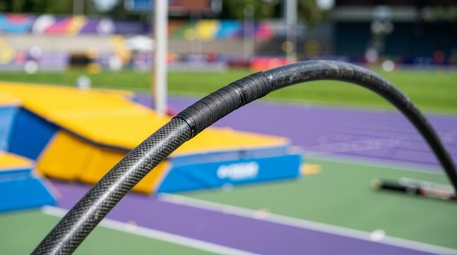 Close-up of a bent carbon fiber pole vault pole. Athletic equipment flexed with blurred stadium background