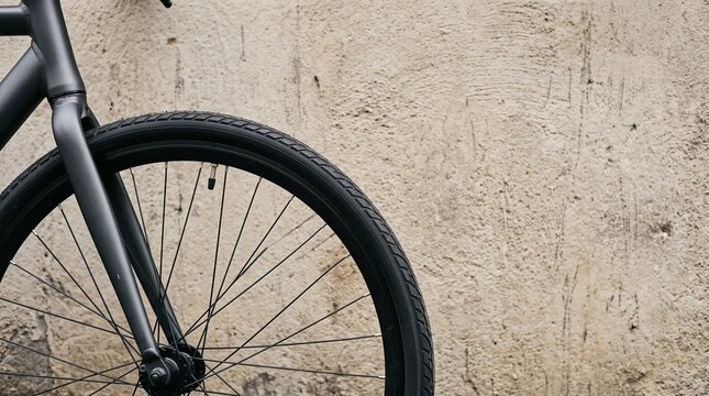 Close up of a bicycle tire and frame leaning against a textured urban concrete wall