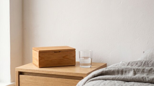 Wooden smartphone storage box on a bedside table with a glass of water for digital detox.