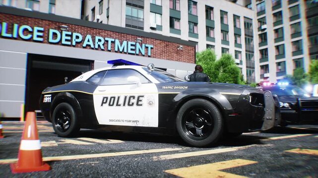 Police Car with Flashing Lights Near Police Department Building. Realistic 4k animation.