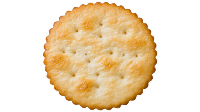 Isolated golden toasted savory round cracker with scalloped edges, delicious snack food.