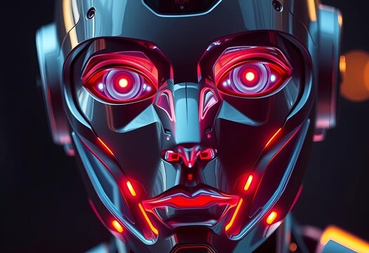 Close-up of a futuristic humanoid robot face  Sleek metallic design, glowing details,  chatbot,  machine