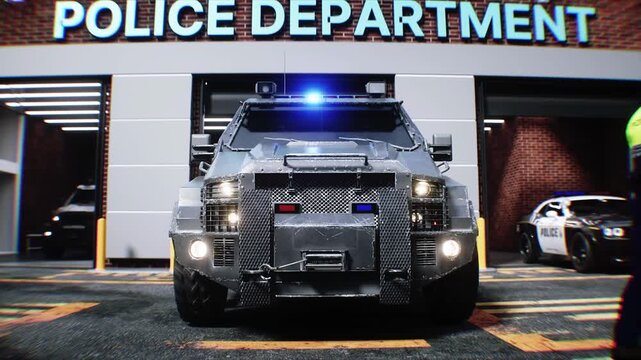 Police Car with Flashing Lights Near Police Department Building. Realistic 4k animation.