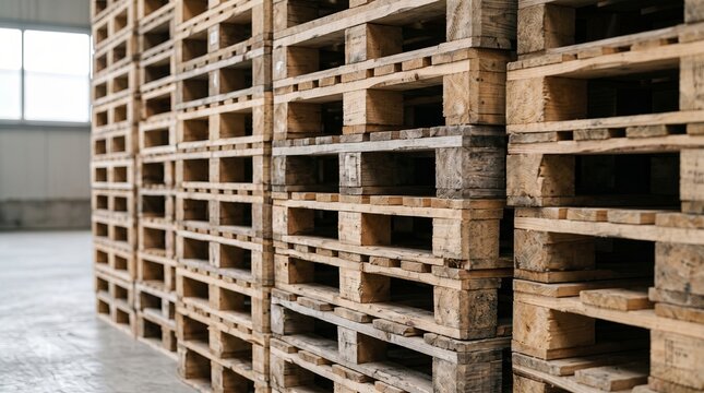 Stacked wooden pallets inside bright warehouse interior with soft window light