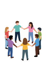 Obraz premium Flat vector icon of diverse children holding hands in a circle during school recess, minimalist illustration of kids playing together in a ring, friendship and unity concept, colorful casual