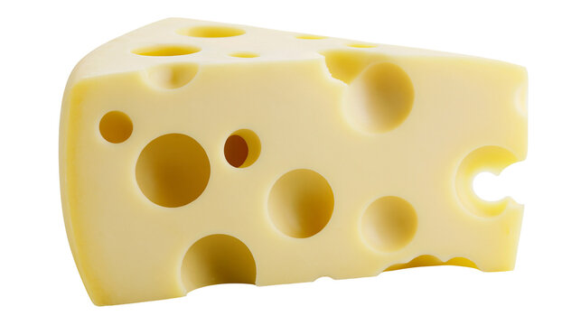 Isolated yellow Swiss cheese wedge with holes resting on a black bar showing an alphanumeric code.