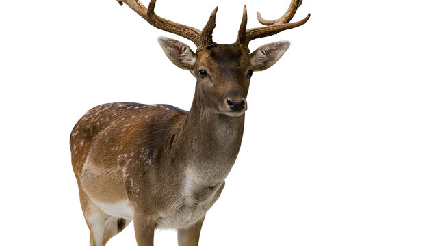 Isolated male fallow deer standing with impressive antlers, majestic wildlife animal.