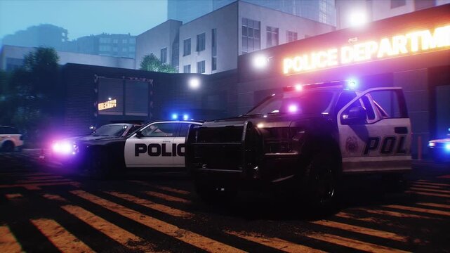 Police Car with Flashing Lights Near Police Department Building. Realistic 4k animation.