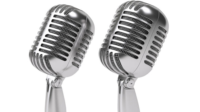 Isolated two vintage silver classic microphones for professional studio recording and live broadcast
