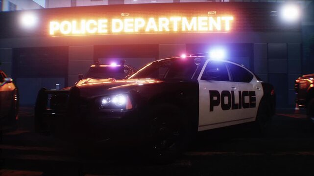 Police Car with Flashing Lights Near Police Department Building. Realistic 4k animation.