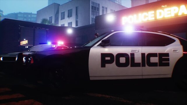 Police Car with Flashing Lights Near Police Department Building. Realistic 4k animation.