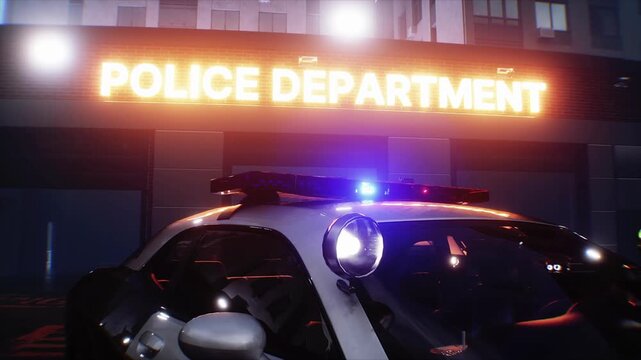 Police Car with Flashing Lights Near Police Department Building. Realistic 4k animation.