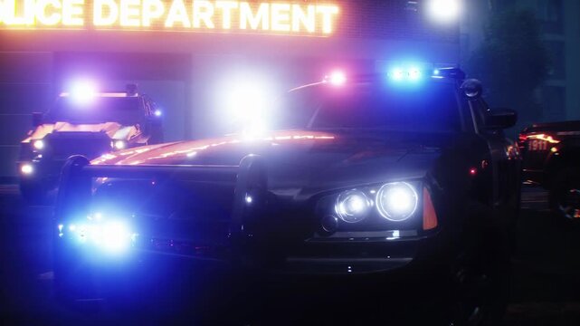 Police Car with Flashing Lights Near Police Department Building. Realistic 4k animation.