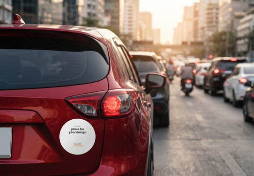 Car in Urban Traffic Jam Circular Bumper Sticker Mockup