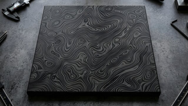 Timascus slab featuring complex swirled Damascus titanium grain patterns on dark workshop bench