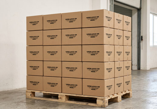 Cardboard Boxes on Wooden Pallet Branding Mockup
