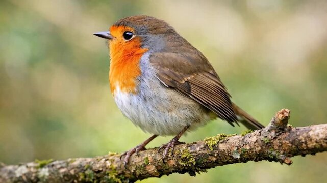 European Robin with orange-red chest perched on a mossy branch