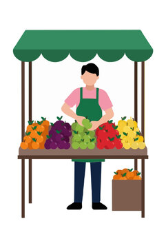 Flat vector fruit vendor stall owner arranging colorful fresh produce under green awning at outdoor market minimalist icon illustration design - professional high detailed commercial stock imagery