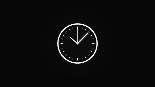 Minimalist analog clock with glowing white hands on solid black background, concept for time management and urgency, ideal for business presentations and countdown videos.