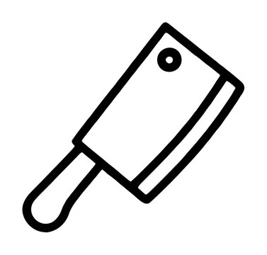 Hand-drawn black and white vector icon of a meat cleaver featuring rectangular blade with hole and curved handle for kitchen butcher cooking culinary food restaurant and chef related projects
