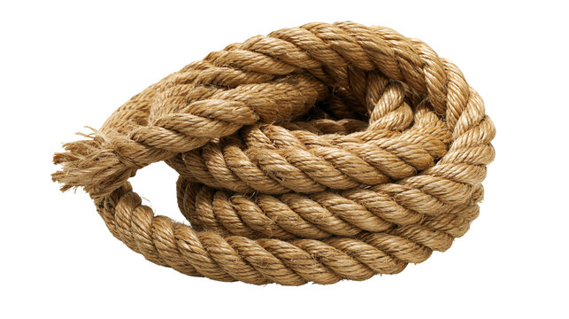Isolated strong natural fiber rope neatly coiled, showcasing its rustic texture and durability