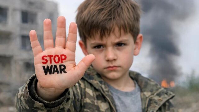 Child in Camouflage Clothing with "Stop War" Message in a War Zone