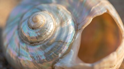 Obraz premium Macro Close Up of an Iridescent Seashell with Pearlescent Texture on a Natural Sandy Background