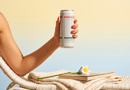 Hand Holding Beverage Long Can Branding Mockup