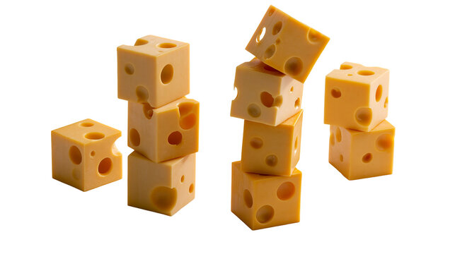 Isolated stacked yellow Swiss cheese cubes with characteristic holes and textures