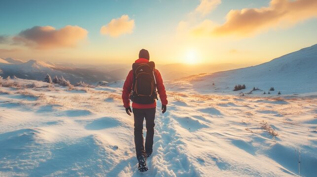 A male hiker walks across the snow covered mountain range during a golden sunset to reach the summit while wearing warm gear and a backpack representing adventure travel and outdoor lifestyle