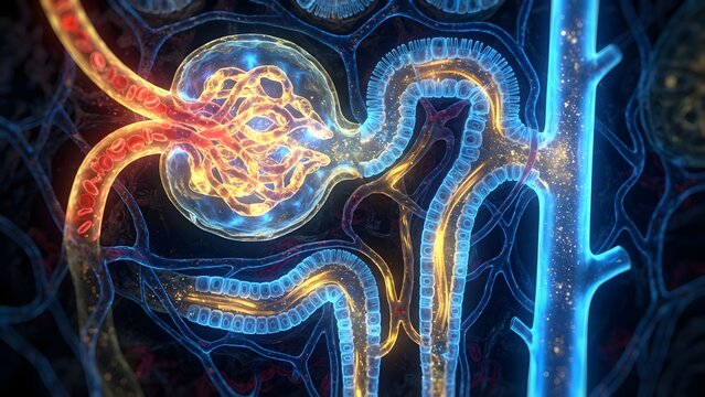 Microscopic view of a nephron, the functional unit of the kidney, illustrating glomerulus, Bowman's capsule, and renal tubules.