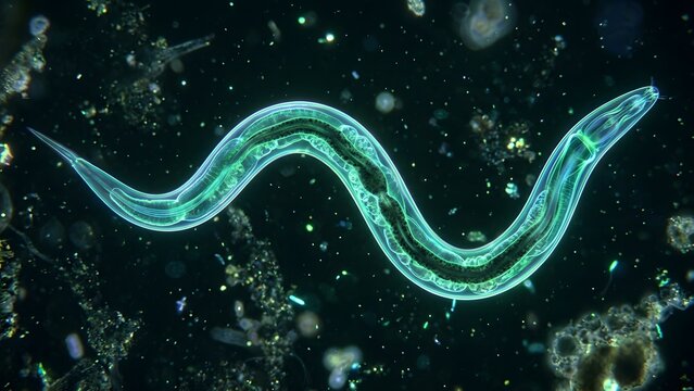 Microscopic view of a transparent nematode worm, showing internal organs and structures with a luminous green glow.