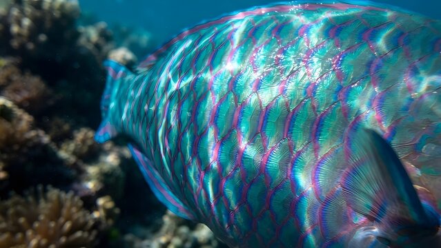 Close-up shot of a vibrant, iridescent parrotfish swimming near coral reefs underwater with its colorful scales reflecting sunlight.