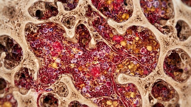 Microscopic view of bone marrow showing trabecular bone and hematopoietic cells with adipose tissue.