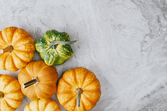 Mini decorative pumpkins in various shades of orange and green arranged on a textured gray surface, ideal for Halloween and autumn-themed decorations or seasonal displays