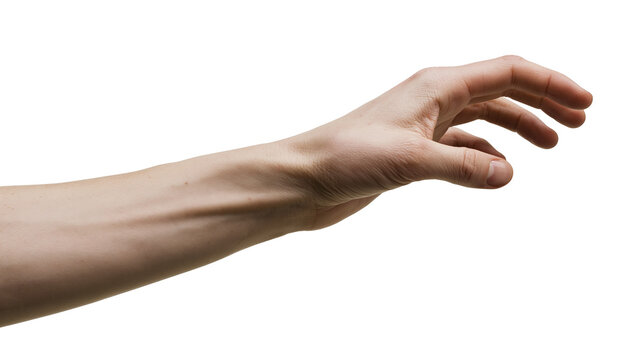Isolated human arm with an open hand gesturing, reaching, or preparing to hold an object.