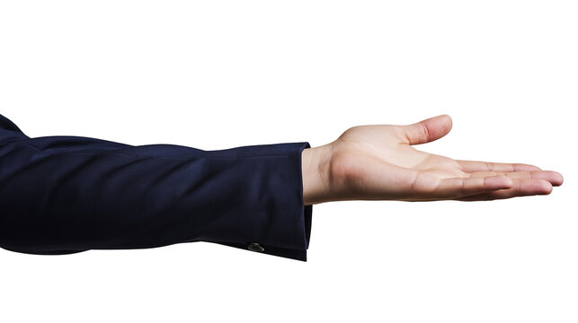 Isolated professional's hand in dark formal suit sleeve presenting an open palm gesture