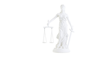 Isolated Lady Justice statue, blindfolded, holding scales and sword, symbol of legal system. © Niamh