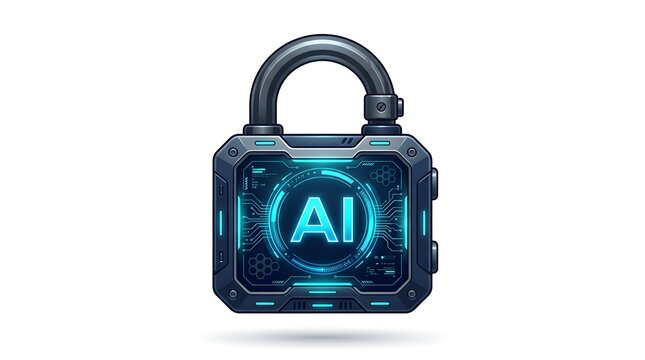 Futuristic digital padlock with a glowing blue AI artificial intelligence display, symbolizing advanced cybersecurity, data encryption, and high-tech information protection on white.
