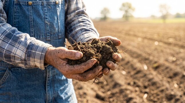 fertile soil evaluation and agronomic land quality. farmer wearing denim overalls holding rich dark earth. freshly plowed farmland field under warm daylight.

