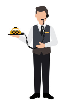 Professional Hotel Concierge Staff Member with Headset Calling Taxi Cab Service for Departing Guest Luxury Amenity Transfer Transportation Arrangement Customer Vector Icon Illustration