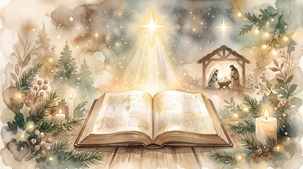 Fototapeta premium Open Bible with golden starlight, nativity scene, candles, and evergreen branches. Christmas faith illustration symbolizing scripture, hope, worship, and spiritual celebration