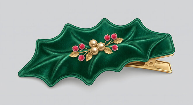 Christmas holly leaf hair clip with gold berries