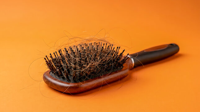 Close-up of a black hairbrush with many strands of hair caught between its bristles, isolated against an orange background.