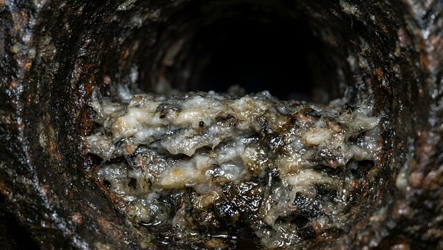 Close-up of a heavily clogged sewer pipe with grease and debris, indicating a blockage and need for plumbing services.