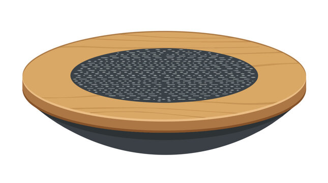 Wooden balance board for core stability and physical rehabilitation in a modern isometric flat vector illustration for physiotherapy and fitness branding