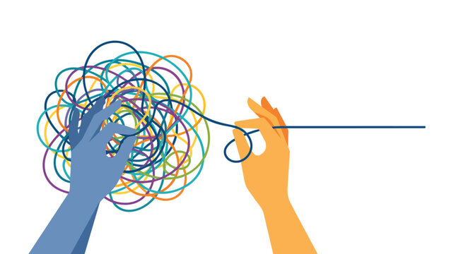 Psychological therapy untangling tangled mess of thoughts for mental health coaching flat vector illustration