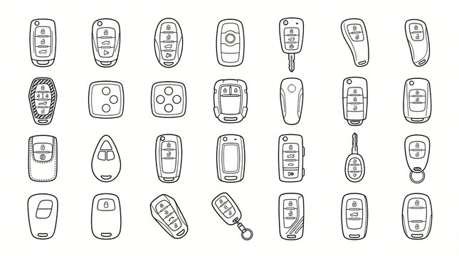 Modern Car Key Fob Line Art Doodle Illustration Set Hand Drawn Smart Keyless Entry Remote Control Button Flip Key Central Locking Transmitter Top View Black Contour Isolated White Background
