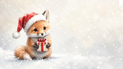 Fototapeta premium Watercolor christmas fox with gift box, fox in santa hat on snowy background with copy space. holiday celebration, greeting card, cute animal illustration, winter design copy space