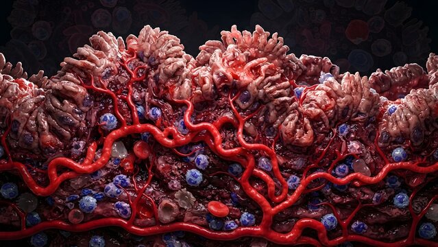 Microscopic view of intestinal villi with blood vessels and immune cells